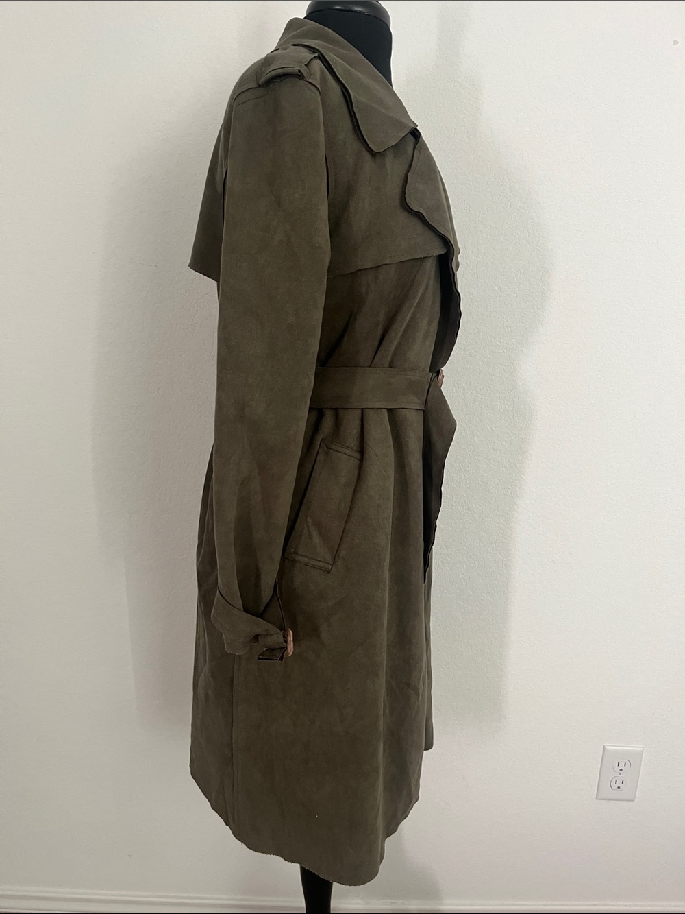 Anthropologie  Olive Green Suede Trench Coat with Belt - Picture 7 of 16